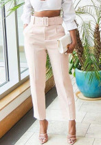Women Spring Beige Straight High Waist Belted suit Pants