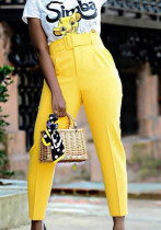 Women Spring Yellow Straight High Waist Belted suit Pants