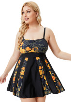 Women Black Strap Floral Print Plus Size One Piece Swimwear