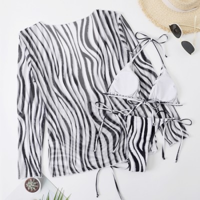 Women Black Cover-Up Halter Striped Print Three Piece Swimwear