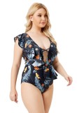 Women Black High-Leg Plunge Neck Floral Print Ruffles Plus Size One Piece Swimwear