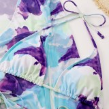 Women Blue Cover-Up Halter Printed Three Piece Swimwear