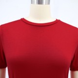Women Summer Red Casual O-Neck Short Sleeves Solid Mini Shirt Dress