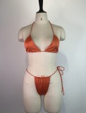Women Orange Cover-Up Halter Solid Three Piece Swimwear