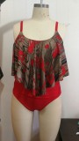 Women Red High-Waisted Strap Printed Plus Size Two Piece Swimwear