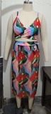 Women Summer Printed Casual Strap High Waist Regular Plus Size Two Piece Skirt Set