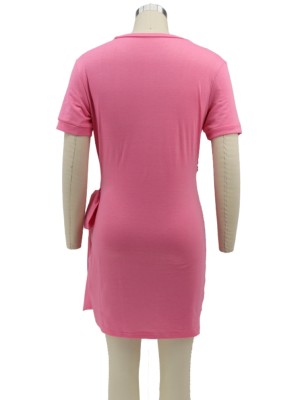 Women Summer Pink Casual O-Neck Short Sleeves Solid Mini Shirt Dress