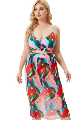 Women Summer Printed Casual Strap High Waist Regular Plus Size Two Piece Skirt Set