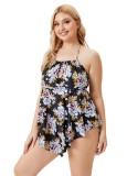 Women Black Halter Floral Print Plus Size One Piece Swimwear