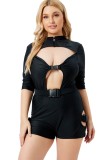 Women Black Round Neck Solid Hollow Out Plus Size One Piece Swimwear