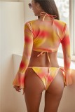 Women Orange Cover-Up Halter Tie Dye Three Piece Swimwear