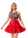 Women Red Halter Floral Print Hollow Out Plus Size One Piece Swimwear