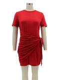Women Summer Red Casual O-Neck Short Sleeves Solid Mini Shirt Dress