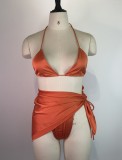 Women Orange Cover-Up Halter Solid Three Piece Swimwear
