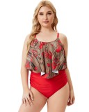 Women Red High-Waisted Strap Printed Plus Size Two Piece Swimwear