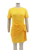 Women Summer Yellow Casual O-Neck Short Sleeves Solid Mini Shirt Dress