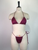 Women Purple Cover-Up Halter Solid Three Piece Swimwear