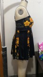 Women Black Strap Floral Print Plus Size One Piece Swimwear