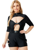 Women Black Round Neck Solid Hollow Out Plus Size One Piece Swimwear