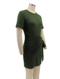 Women Summer Green Casual O-Neck Short Sleeves Solid Mini Shirt Dress