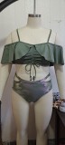 Women Green TIE-FRONT Strap Camo Strings Plus Size Two Piece Swimwear