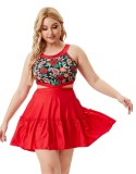 Women Red Halter Floral Print Hollow Out Plus Size One Piece Swimwear