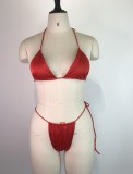 Women Red Cover-Up Halter Solid Three Piece Swimwear