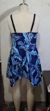 Women Blue Round Neck Printed Plus Size One Piece Swimwear