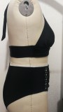 Women Black Halter Plunge Neck Solid Lace Up Plus Size Two Piece Swimwear
