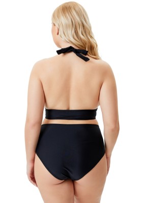 Women Black Halter Plunge Neck Solid Lace Up Plus Size Two Piece Swimwear