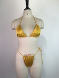 Women Yellow Cover-Up Halter Solid Three Piece Swimwear