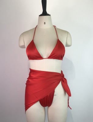 Women Red Cover-Up Halter Solid Three Piece Swimwear