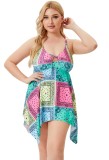 Women Printed High-Waisted Strap Plaid Print Plus Size One Piece Swimwear