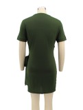 Women Summer Green Casual O-Neck Short Sleeves Solid Mini Shirt Dress