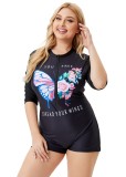 Women Black Round Neck Floral Print Zipper Plus Size One Piece Swimwear