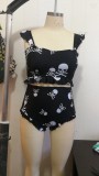 Women Black High-Waisted Skulls Print Ruffles Plus Size Two Piece Swimwear