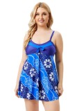 Women Blue Strap Floral Print Plus Size One Piece Swimwear