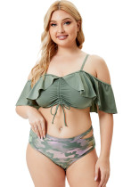 Women Green TIE-FRONT Strap Camo Strings Plus Size Two Piece Swimwear