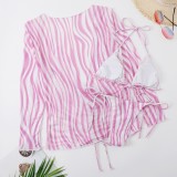 Women Pink Cover-Up Halter Striped Print Three Piece Swimwear
