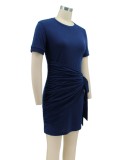 Women Summer Blue Casual O-Neck Short Sleeves Mini Shirt Dress