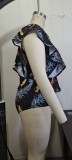 Women Black High-Leg Plunge Neck Floral Print Ruffles Plus Size One Piece Swimwear