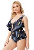 Women Black High-Leg Plunge Neck Floral Print Ruffles Plus Size One Piece Swimwear