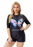 Women Black Round Neck Floral Print Zipper Plus Size One Piece Swimwear