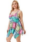 Women Printed High-Waisted Strap Plaid Print Plus Size One Piece Swimwear