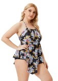 Women Black Halter Floral Print Plus Size One Piece Swimwear