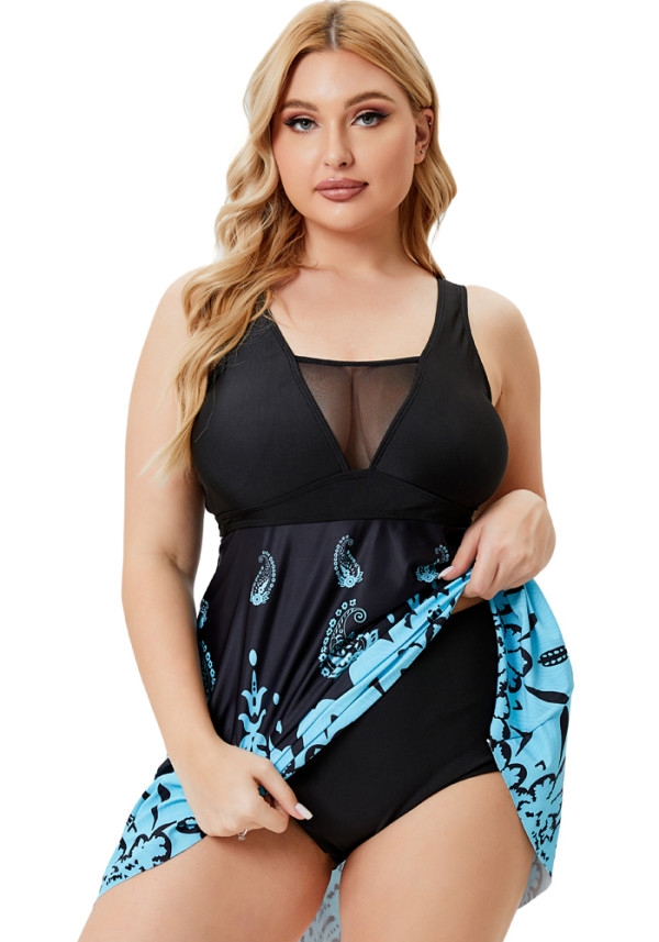 Women Black High-Waisted Printed Plus Size One Piece Swimwear