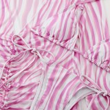 Women Pink Cover-Up Halter Striped Print Three Piece Swimwear