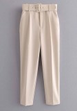 Women Spring Beige Straight Solid Belted Ankle-Length suit Pants