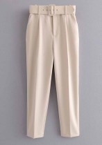 Women Spring Beige Straight Solid Belted Ankle-Length suit Pants