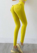 Women Spring Yellow High Waist Solid Pockets Yoga Pants